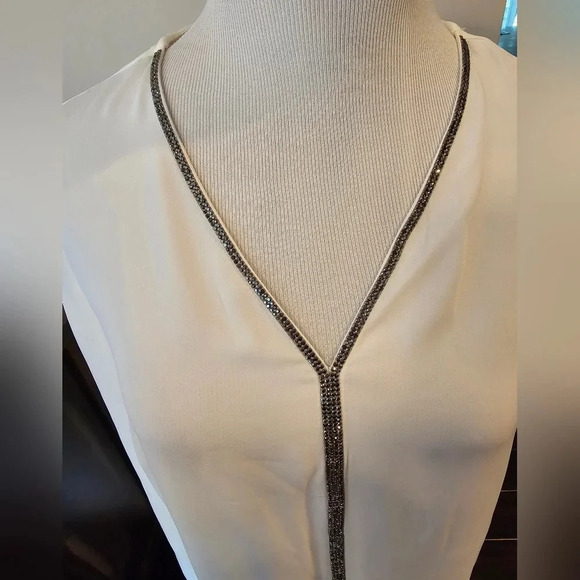 Liz Claiborne Career •Size Small• Semi Sheer White V-neck Blouse w/ Bling Accent - Picture 2 of 11